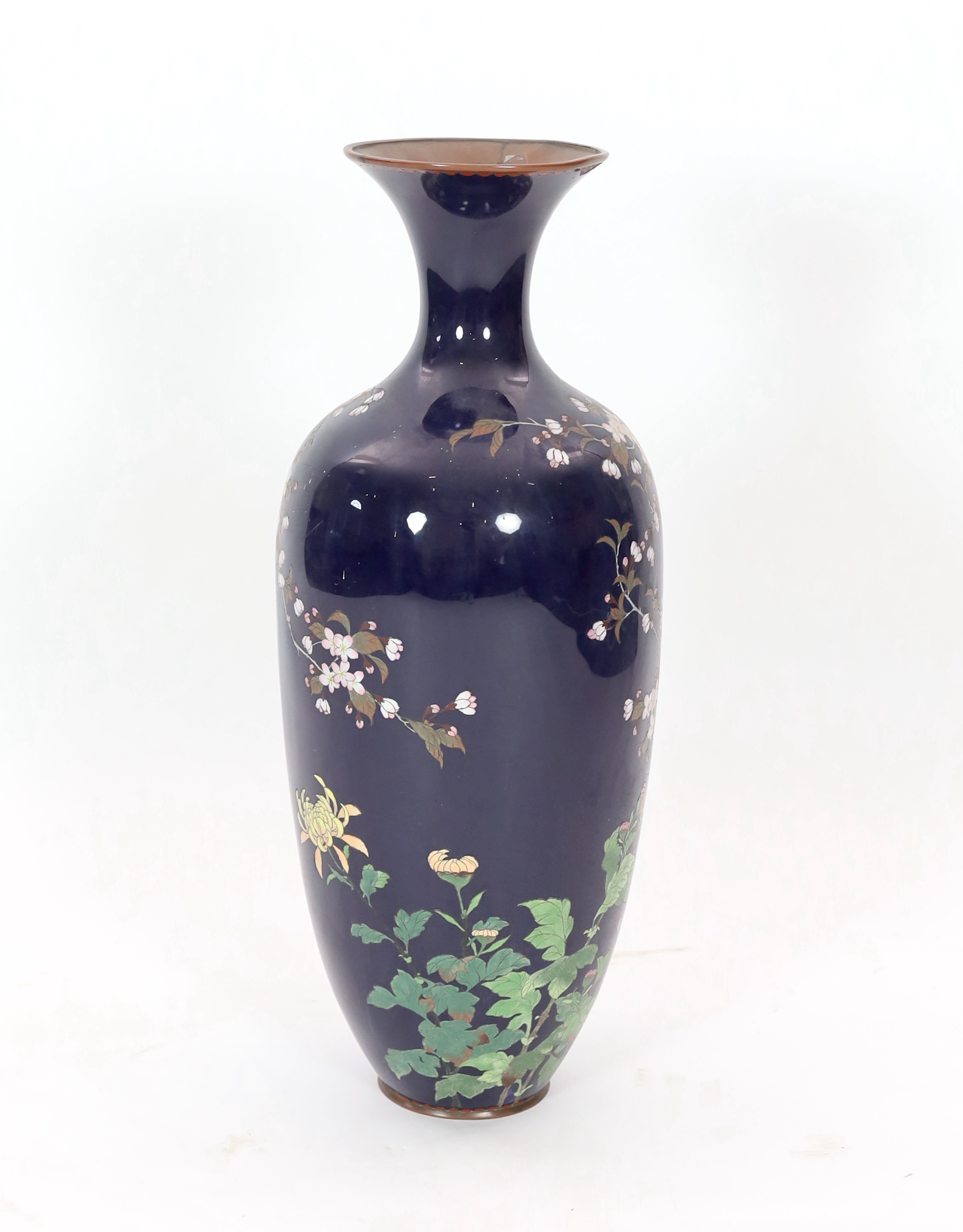 A massive Japanese midnight blue ground cloisonné enamel vase, Meiji period, slight damage